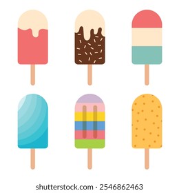 Icono de helado de paleta conjunto de colección en estilo plano. Sabrosa Ilustración vectorial de postre sobre fondo aislado. Concepto del negocio de la señal de la comida dulce.