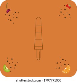 ice cream or popsicle icon with three flavors with brown lines.background with fruits