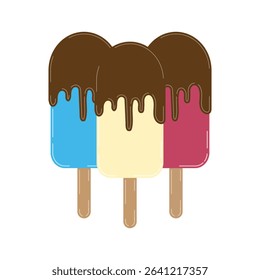 Ice cream popsicle with melted frozen chocolate on top flat cartoon vector illustration