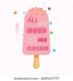 Ice cream popsicle on stick colored vintage poster, Enjoy summer with sweet ice cream. Summer graphic t shirt design.