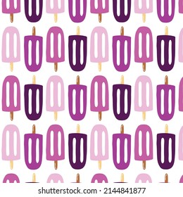 Eis Creme Popsicle Muster, rosa und gewalttätig auf einem Stock, weißer Hintergrund, moderne pastellfarbene Hintergrund für Kinder Design, Verpackung, Tapete, trendige Oberfläche, Stoffdruck, Leinen.