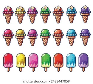 Ice cream popsicle rainbow-type color summer pixel art elements