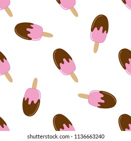 Ice cream Popsicle seamless pattern, pink lolly on a stick, chocolate icing, white background, modern pastel color backdrop for kids design, packaging, wallpaper, trendy surface, fabric print, linen.