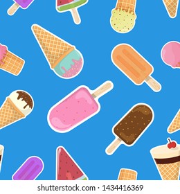 Ice cream or popsicle seamless pattern vector illustration. Ice cream popsicle with shadow seamless background, pattern for textile, fabric, wrapping paper, wallpaper, packaging.