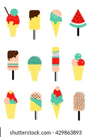 Ice cream, popsicle set. 80s - 90s style design. Summer card, sticker, poster. Vector illustration. 