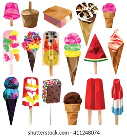 Ice cream and popsicle set colorful low poly designs isolated on white background.