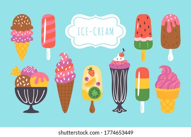 Ice cream and popsicle set for summer design. Childish print for cards, stickers and party invitations. Vector Illustration