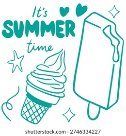 Ice cream and popsicle with It’s summer time doodle illustration
