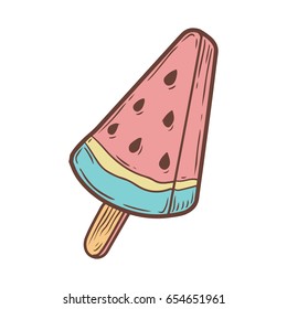 Ice cream popsicle sweet dessert watermelon. Hand drawn engraving sketch retro vintage vector illustration.