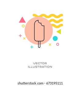 Ice cream popsicle vector line logo icon with colorful design elements memphis styled in background