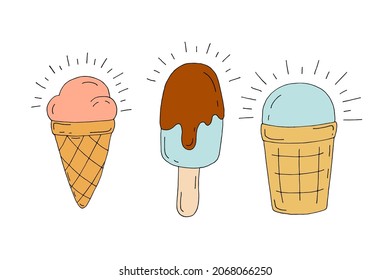 Ice cream. Popsicle, waffle cone and waffle cup. Cold delicacy. Dessert. Vector. Doodle. Drawn by hand.