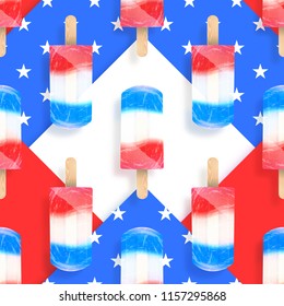 Ice cream popsicles american flag colors red and blue with white stars, seamless pattern. Vector stock illustration