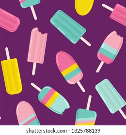 Сute ice cream and popsicles background. Seamless vector pattern with popsicles in bright colors.