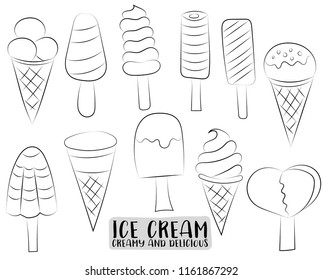 Ice cream and popsicles cute hand drawn set. Sweet dessert concept. Black and white outline coloring page kids game. Monochrome line art. Vector illustration. Vector illustration.