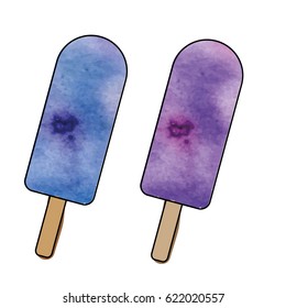 Ice cream popsicles in hand drawn watercolor and marker style. Vector illustration, isolated design elements for menu, cafe and other food business