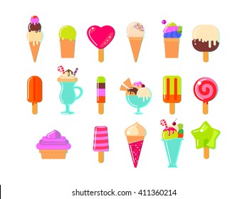 Ice cream and popsicles on white background. Flat vector illustration. All varieties of ice cream. Icon set. Flat design.