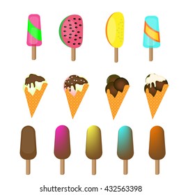 Ice cream and popsicles on white background. Flat vector illustration. All varieties of ice cream. Ice cream icon set. Flat ice cream. 
