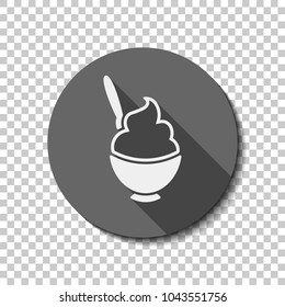 ice cream or porridge in bowl icon. White flat icon with long shadow in circle on transparent background