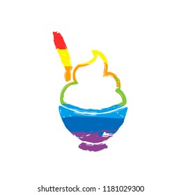 ice cream or porridge in bowl icon. Drawing sign with LGBT style, seven colors of rainbow (red, orange, yellow, green, blue, indigo, violet