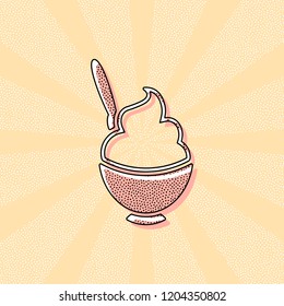 ice cream or porridge in bowl icon. Vintage retro typography with offset printing effect. Dots poster with comics pop art background