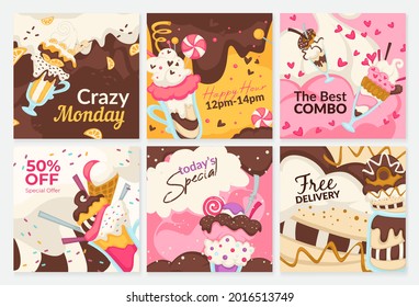 Ice Cream, Post Design, Vector Illustration. Template Banner Set With Colorful Cold Dessert, Summer Food Poster With Special Happy Hour. Modern Social Media Banner With Free Delivery, Best Combo.