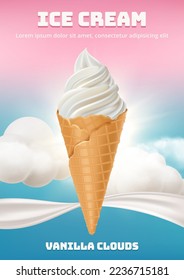 Ice cream poster. Ads placard illustration with delicious ice cream with liquid jam decent vector design menu of frozen products