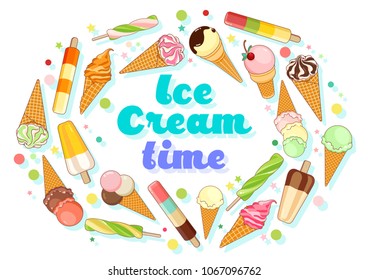 Ice cream poster. Brightly colored ice cream, waffle cones, popsicles on a beautiful background. Cartoon illustration for web, advertising, banner, poster, flyer, business card. Vector illustration.
