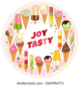 Ice cream poster. Brightly colored ice cream, waffle cones, popsicles on a beautiful background. Cartoon illustration for web, advertising, banner, poster, flyer, business card. Vector illustration.