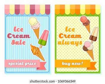 Ice cream poster. Brightly colored ice cream, waffle cones, popsicles on a beautiful background. Cartoon illustration for web, advertising, banner, poster, flyer, business card. Vector illustration.