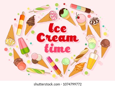 Ice cream poster. Brightly colored ice cream, waffle cones, popsicles on a beautiful background. Cartoon illustration for web, advertising, banner, poster, flyer, business card. Vector illustration.