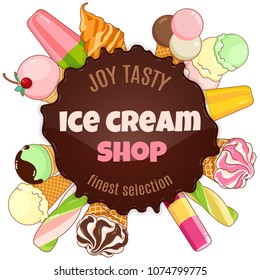 Ice cream poster. Brightly colored ice cream, waffle cones, popsicles on a beautiful background. Cartoon illustration for web, advertising, banner, poster, flyer, business card. Vector illustration.