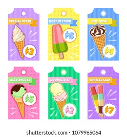 Ice cream poster. Brightly colored ice cream, waffle cones, popsicles on a beautiful background. Cartoon illustration for web, advertising, banner, poster, flyer, business card. Vector illustration.