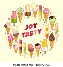 Ice cream poster. Brightly colored ice cream, waffle cones, popsicles on a beautiful background. Cartoon illustration for web, advertising, banner, poster, flyer, business card. Vector illustration