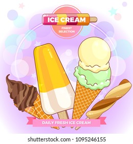 Ice cream poster. Brightly colored ice cream, waffle cones, popsicles on a beautiful background. Cartoon illustration for web, advertising, banner, poster, flyer, business card. Vector illustration.