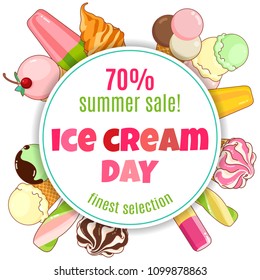 Ice cream poster. Brightly colored ice cream, waffle cones, popsicles on a beautiful background. Cartoon illustration for web, advertising, banner, poster, flyer, business card. Vector illustration