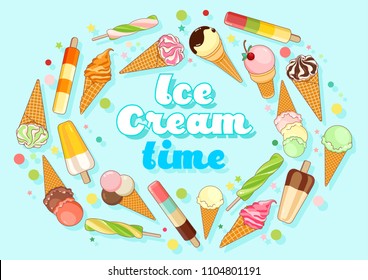 Ice cream poster. Brightly colored ice cream, waffle cones, popsicles on a beautiful background. Cartoon illustration for web, advertising, banner, poster, flyer, business card. Vector illustration.