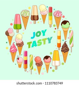 Ice cream poster. Brightly colored ice cream, waffle cones, popsicles on a beautiful background. Cartoon illustration for web, advertising, banner, poster, flyer, business card. Vector illustration.