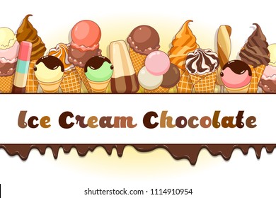 Ice cream poster. Brightly colored ice cream, waffle cones, popsicles on a beautiful background. Cartoon illustration for web, advertising, banner, poster, flyer, business card. Vector illustration.