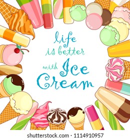 Ice cream poster. Brightly colored ice cream, waffle cones, popsicles on a beautiful background. Cartoon illustration for web, advertising, banner, poster, flyer, business card. Vector illustration.