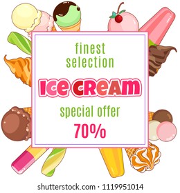 Ice cream poster. Brightly colored ice cream, waffle cones, popsicles on a beautiful background. Cartoon illustration for web, advertising, banner, poster, flyer, business card. Vector illustration.