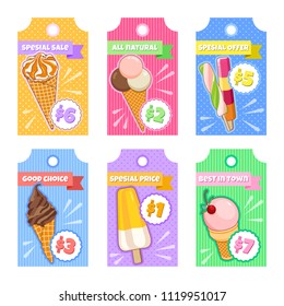Ice cream poster. Brightly colored ice cream, waffle cones, popsicles on a beautiful background. Cartoon illustration for web, advertising, banner, poster, flyer, business card. Vector illustration.