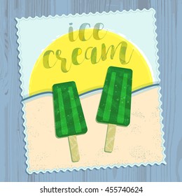 Ice cream poster, card in flat design style. Two popsicle on a background of a burning sun, sea wave and sandy beach