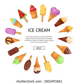 Ice cream poster. Chocolate ice cream dessert in waffle cone and on stick assortment. Sweet frozen summer food and text template. Ice cream poster design vector illustration