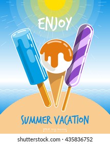 Ice Cream Poster. Delicious Summer vacation with ice cream. ice lolly, sundae. Vector illustration.