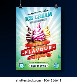 Ice cream Poster design with delicious dessert and labelled ribbon on fresh green background. Vector design template for promotional banner or flyer with vanilla, chocolate, punch.