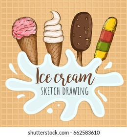 Ice cream poster design. Vector sketch drawing ice cream. Milk spray and waffle background