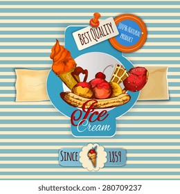 Ice cream poster with hand drawn cold dessert paper label vector illustration