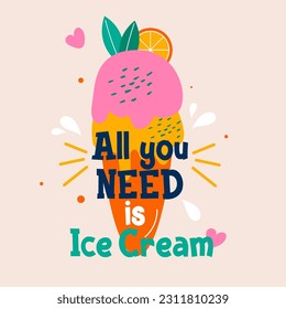 Cartel de helado con letras Todo lo que necesitas es helado