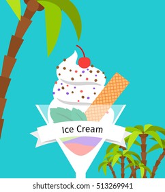 Ice cream poster with palm trees. Vector illustration