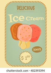 Ice Cream Poster in Retro Design Style. Vector Illustration.